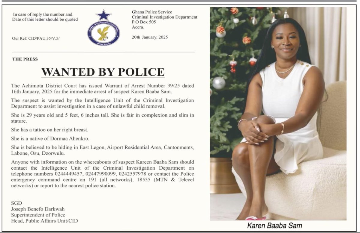GhanaCrimes's tweet photo. WANTED
Karen Baaba Sam is wanted by Ghana Police. She is described to have a tattoo on her right breast. https://t.co/BE1nt3PjaY