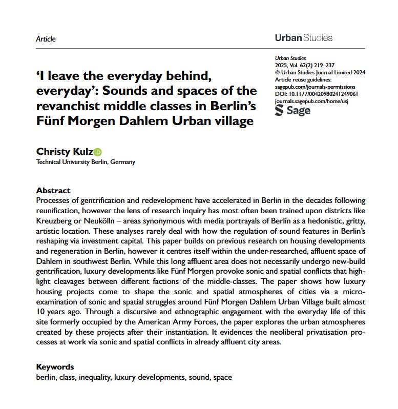 USJ_online's tweet photo. ‘I leave the everyday behind, everyday’: Sounds and spaces of the revanchist middle classes in Berlin’s Fünf Morgen Dahlem Urban village by @ChristyKulz
https://t.co/7T984Tt8jg
#class #sound #LuxuryDevelopments https://t.co/2U0dBywI3b