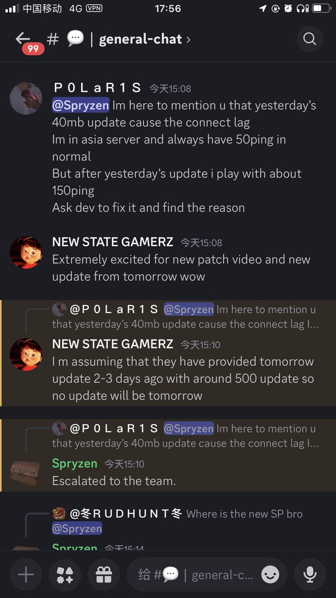 Many players report the ping issue to me after yesterday’s update. It’s about 40mb big. But cause many bugs
Now I report it to <a href="/Spicyspry/">Spryzen</a> on discord and confirm the issue is already escalated to the Dev team
Thx to <a href="/Spicyspry/">Spryzen</a> response.We glad to have such a responsible manager