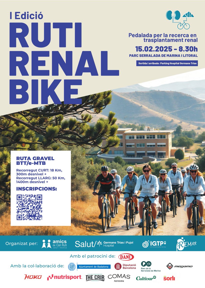 🆕 Ja pots apuntar-te a la primera edició de la #RutiRenalBike

💰 Ajudaràs a la recerca en trasplantament renal i trasplantament reno-pancreàtic. 

📆 Dissabte 15/2 - 8:30h
🚵‍♀️ Ruta Gravel/BTT/e-MTB per la Serralada de Marina i la Serralada Litoral

ℹ️ s.mtrbio.com/nasvzlxtii
