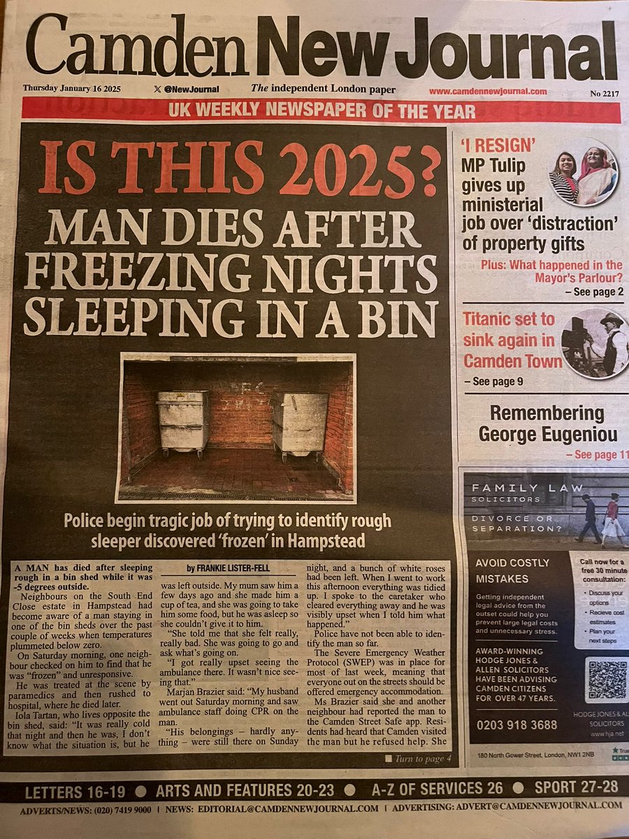 Streets Kitchen (@streetskitchen) on Twitter photo Another person froze to death on the streets of #Camden💔
Severe Weather Emergency Protocol #SWEP was operational
Silence from <a href="/Keir_Starmer/">Keir Starmer</a> & <a href="/TulipSiddiq/">Tulip Siddiq</a>
Silence from <a href="/CamdenCouncil/">Camden Council</a>
We refuse to be silent!
We demand an urgent independent review of 'homeless services'
(1) Another person froze to death on the streets of #Camden💔
Severe Weather Emergency Protocol #SWEP was operational
Silence from <a href="/Keir_Starmer/">Keir Starmer</a> & <a href="/TulipSiddiq/">Tulip Siddiq</a>
Silence from <a href="/CamdenCouncil/">Camden Council</a>
We refuse to be silent!
We demand an urgent independent review of 'homeless services'
(1)