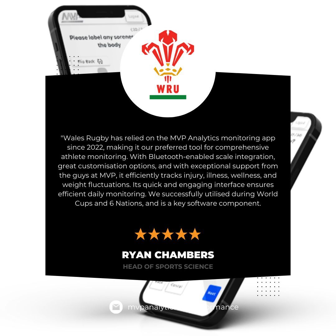 Wales Rugby trusts Project MVP to track athlete wellness and performance. 🏉 From Bluetooth-enabled scales to efficient daily monitoring, our tools support elite athletes during World Cups and 6 Nations. ⭐⭐⭐⭐⭐ #SportsScience #AthleteMonitoring #Rugby