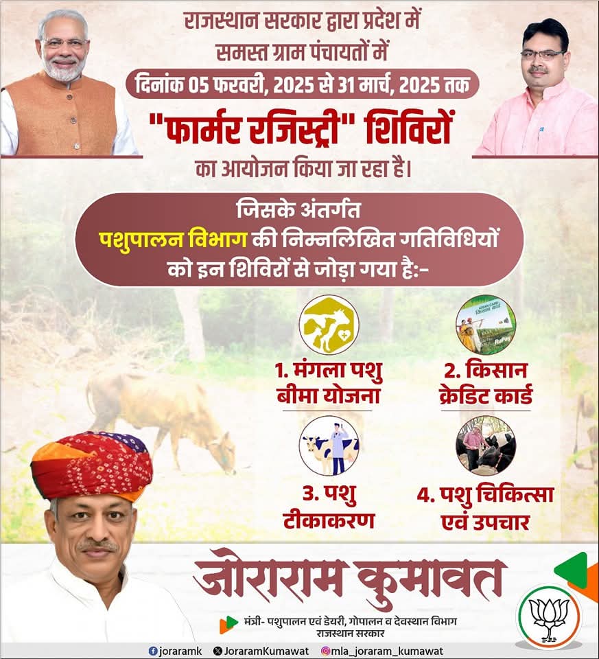 राजस्थान सरकार द्वारा प्रदेश में समस्त ग्राम पंचायतों में दिनांक 05 फरवरी, 2025 से 31 मार्च, 2025 तक "फार्मर रजिस्ट्री" शिविरों का आयोजन किया जा रहा है।

जिसके अंतर्गत पशुपालन विभाग की निम्नलिखित गतिविधियों को इन शिविरों से जोड़ा गया है:-

<a href="/narendramodi/">Narendra Modi</a> <a href="/BhajanlalBjp/">Bhajanlal Sharma</a> <a href="/BJP4India/">BJP</a>