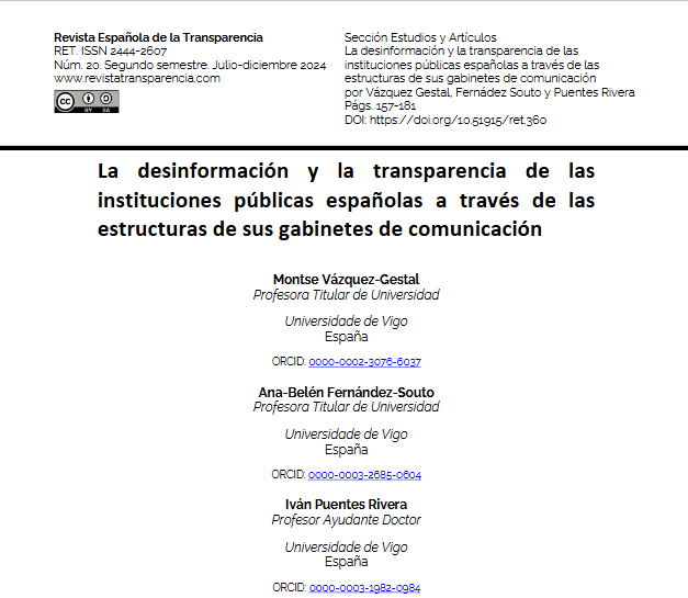 RETransparencia's tweet photo. Los profesores de @uvigo Montse Vázquez-Gestal, Ana Fernández-Souto e Iván Puentes Rivera publican en #RET20 «La desinformación y la transparencia de las instituciones públicas españolas a través de las estructuras de sus gabinetes de comunicación».
🔗https://t.co/DNg7ptLHxz https://t.co/kJ8qyf9yOC