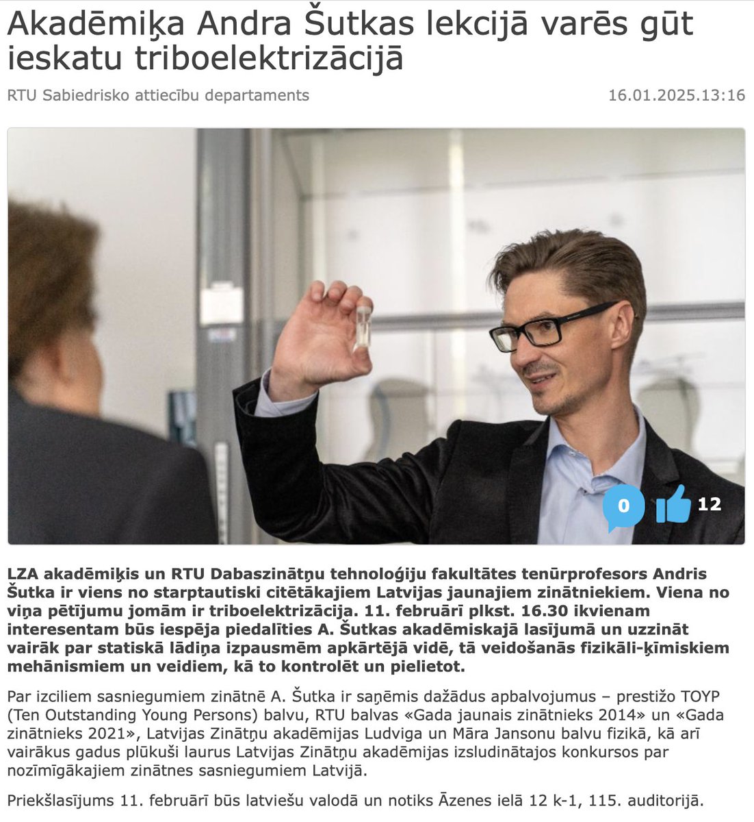 Iespēja noklausīties atklāto lekciju <a href="/RTU/">marceline</a> un uzzināt par statiskā lādiņa izpausmēm apkārtējā vidē, tā veidošanās fizikāli-ķīmiskiem mehānismiem un veidiem, kā to kontrolēt un pielietot. Priekšlasījums 11. februārī 16:30 būs latviešu valodā, Āzenes ielā 12 k-1, 115. auditorijā.