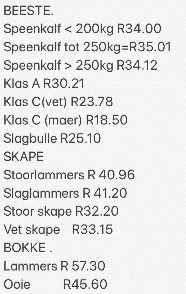 vleisprys's tweet photo. Best prices for live stock in the Northern Free State ,week ending 22nd of Jan 2025
Comment.
The market is stable. These are tipical middle month prices. https://t.co/Qpe4sI6GfR