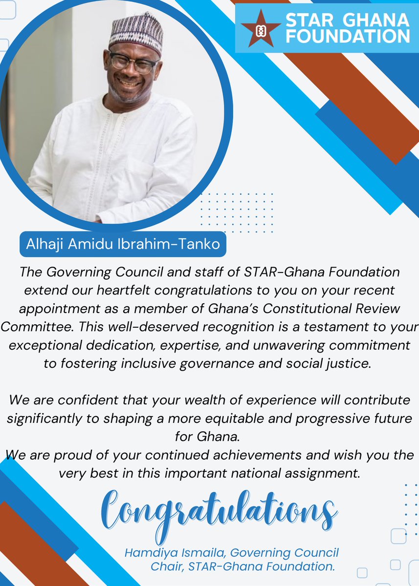 STARGhana's tweet photo. Congratulations to Our Esteemed Executive Director!
@STARGhana proudly celebrates the appointment of our ED, @TankoAmidu to the committee tasked with reviewing Ghana's constitution. https://t.co/XNML5AF9TK