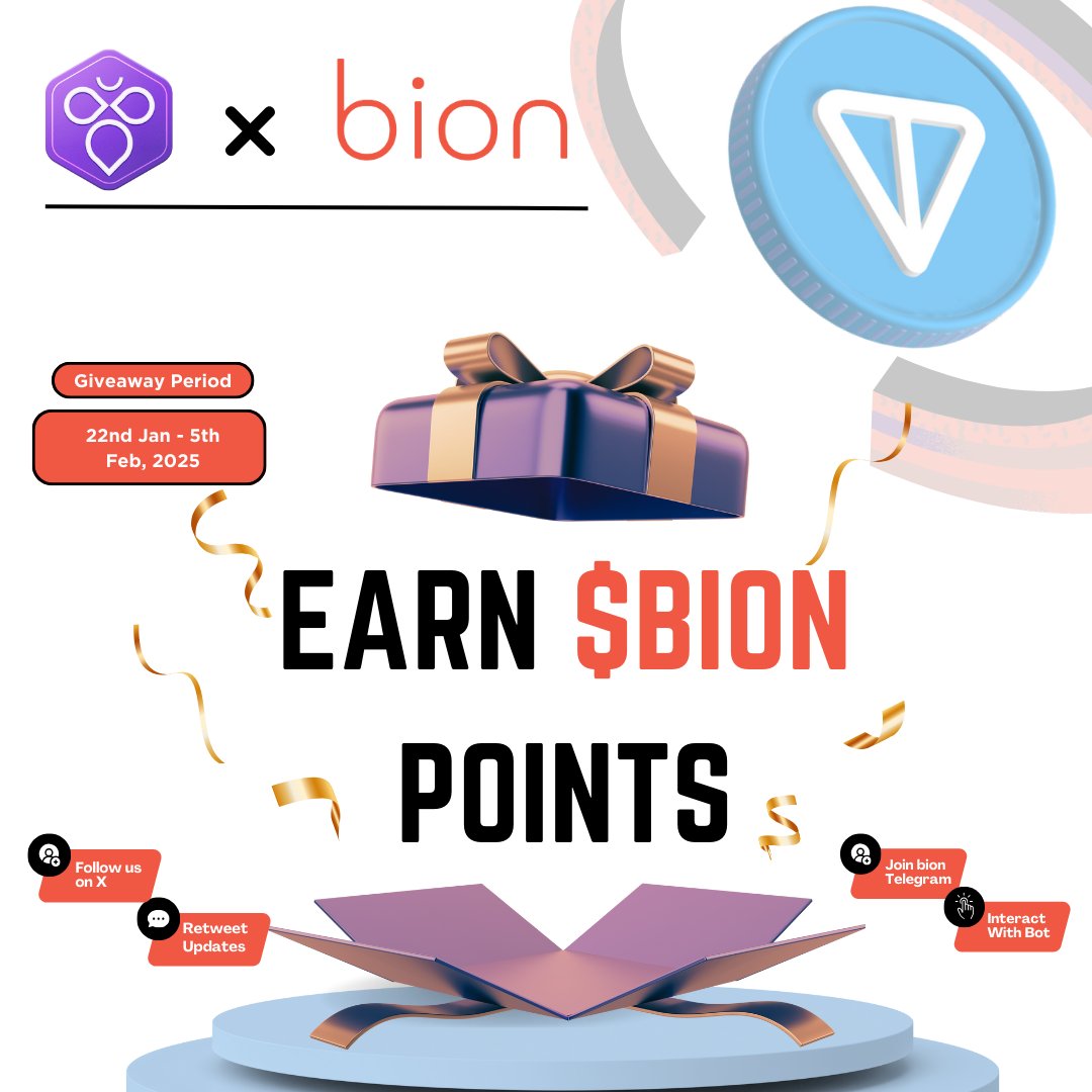 bion_app's tweet photo. 🎉 Bion x @IntractCampaign Mega Giveaway! 🎉

💡 How to Participate:

1️⃣ Follow us on Twitter 🐦
2️⃣ Join our Telegram Community 📲
3️⃣ Connect with our TG Mini app 🤖
💥 Accumulate 1000 bion points & get whitelisted for future Incentives.

📈 How to Accumulate Bion Points ⬇️
• Click on Stores – 5 bion points
• Refer Your Friends – 10 bion points
• Connect Your Wallet – 50 bion points

🔗 Click here to get started: https://t.co/UhWlh4TRWh 
Hurry! The giveaway ends : 5th feb, 2025

#Airdrop #Giveaway #taptoearn #shopping #TonLaunchPad #ton #Trump