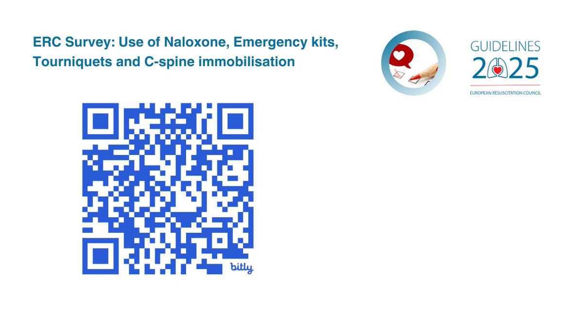 📢 #Announcement
✅ The ERC 2025 Guidelines 'First Aid' group, on behalf of the ERC, is conducting a survey to understand the use of naloxone, emergency kits, tourniquets, and cervical spine immobilisation by both trained first responders and non-trained bystanders across