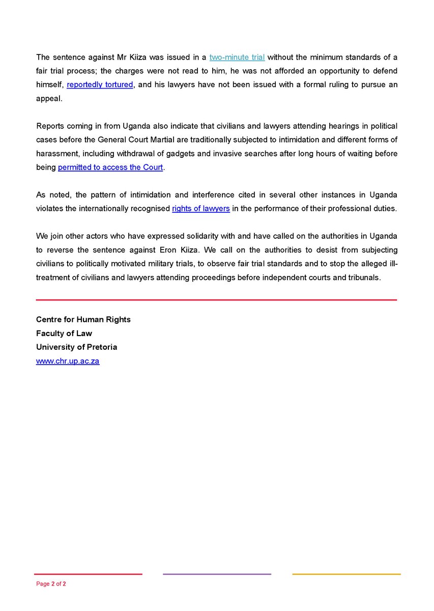 [Press Statement]

<a href="/CHR_HumanRights/">CentreForHumanRights</a> Condemns Nine-Month Jail Sentence Against Ugandan Lawyer Eron Kiiza and Calls for his Immediate Release.

chr.up.ac.za/latest-news/39…