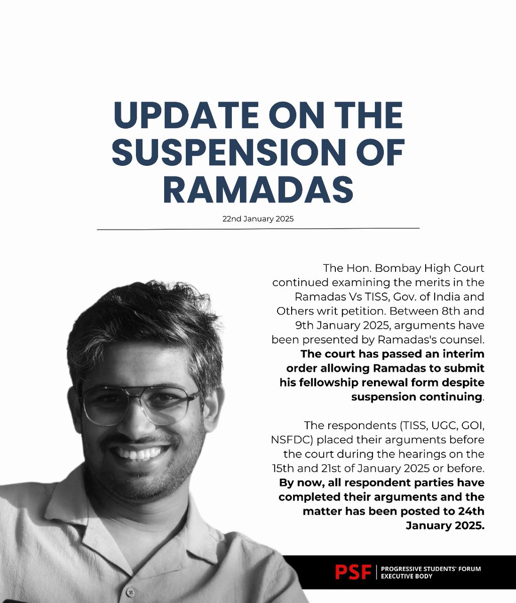 psfspeaks's tweet photo. The Hon. Bombay High Court continued examining the merits in the Ramadas Vs TISS, Gov. of India and Others writ petition. Between 8th and 9th January 2025, arguments have been presented by Ramadas's counsel. The court has passed an interim order allowing Ramadas to submit (1/3) https://t.co/C6P0BZ2a23