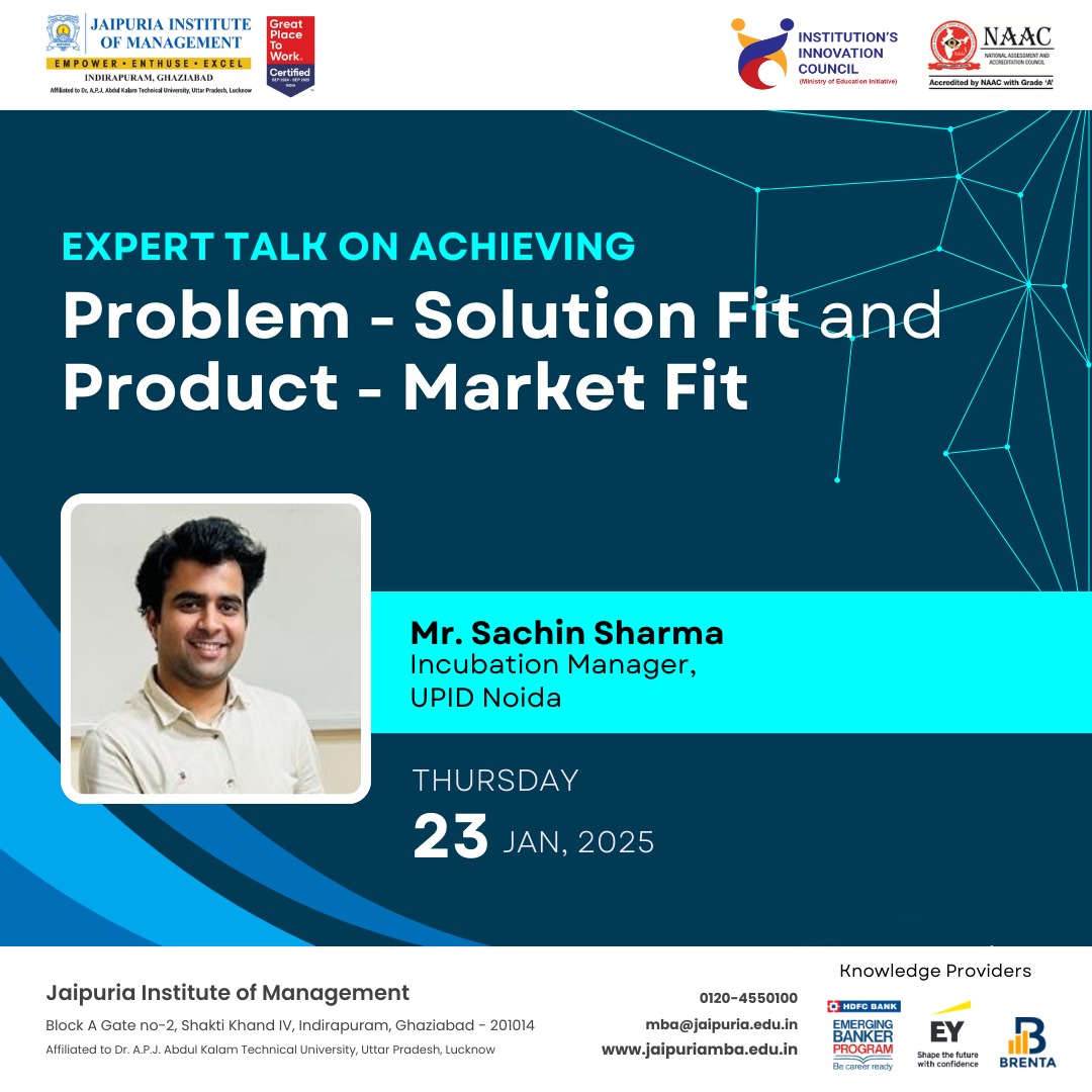 JaipuriaMBA's tweet image. Join us for an insightful session on "Achieving Problem-Solution Fit &amp;amp; Product-Market Fit" with Mr. Sachin Sharma, Incubation Manager at UPID Noida. Gain valuable insights into startup success, innovation, and market strategies!

#ExpertTalk #StartupSuccess #ProblemSolutionFit