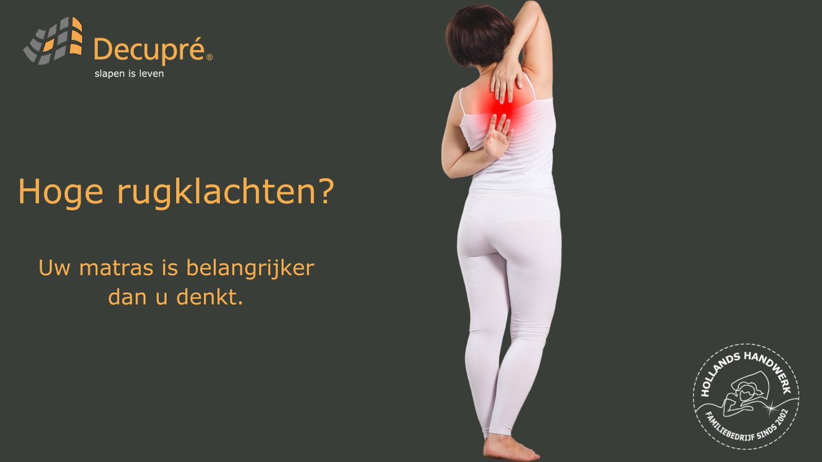 Hoge rugklachten?  Laat u dan adviseren door de marktleider in de zorg en vul vrijblijvend het adviespaneel in of bel ons op 0316-750441.  U ontvangt dan gratis uw slaapadvies van onze professionals. 
decupre.com/#adviespaneel .
Uw matras is belangrijker dan u denkt.
