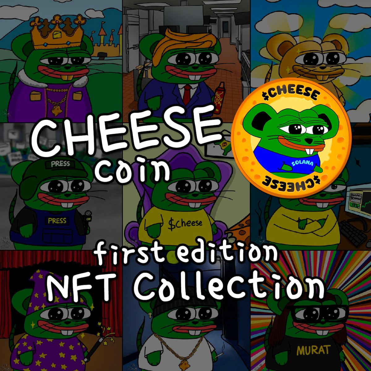 🧀  FIRST Cheese NFT Collection is here! 🧀

Details:
🧀 Supply: 120 NFTs
✨ 20 ULTRA RARES: Iconic Cheese memes &amp; lore
🔥 100 COMMONS: Unique trait combos
💰 Mint Price: 1 SOL
🎟 Limit: Max 10 per wallet
📅 Mint Date: Feb 1 (wagie-friendly weekend!)

Completing Phase 2:
1️⃣ 1ST