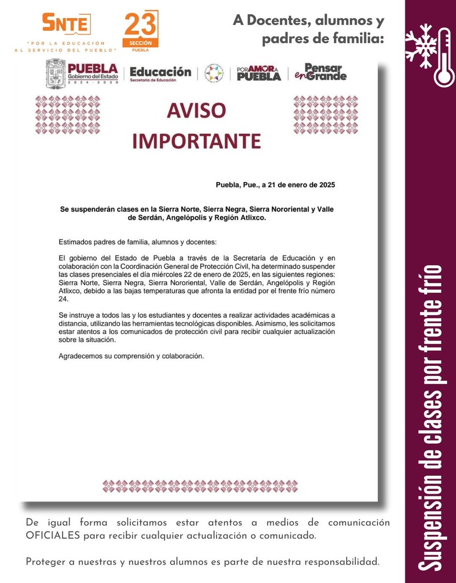 SNTE_Seccion_23's tweet photo. ⚠️AVISO⚠️
#SNTE23
#ConIdentidadYPertenencia
#CaminemosJuntos
#UnoSomosTodosYTodosSomosUno https://t.co/SkChI411fm