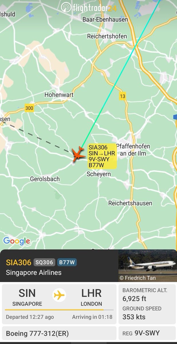 Turbinetraveler's tweet image. Singapore Airlines B777-300ER registered 9V-SWY flight #SIA306/
#SQ306 from Singapore to London Heathrow just squawked emergency code 7700,then lifted it shortly.
The B777 is on final descent Munich Airport, likely diverting there.
The reason is still unknown .