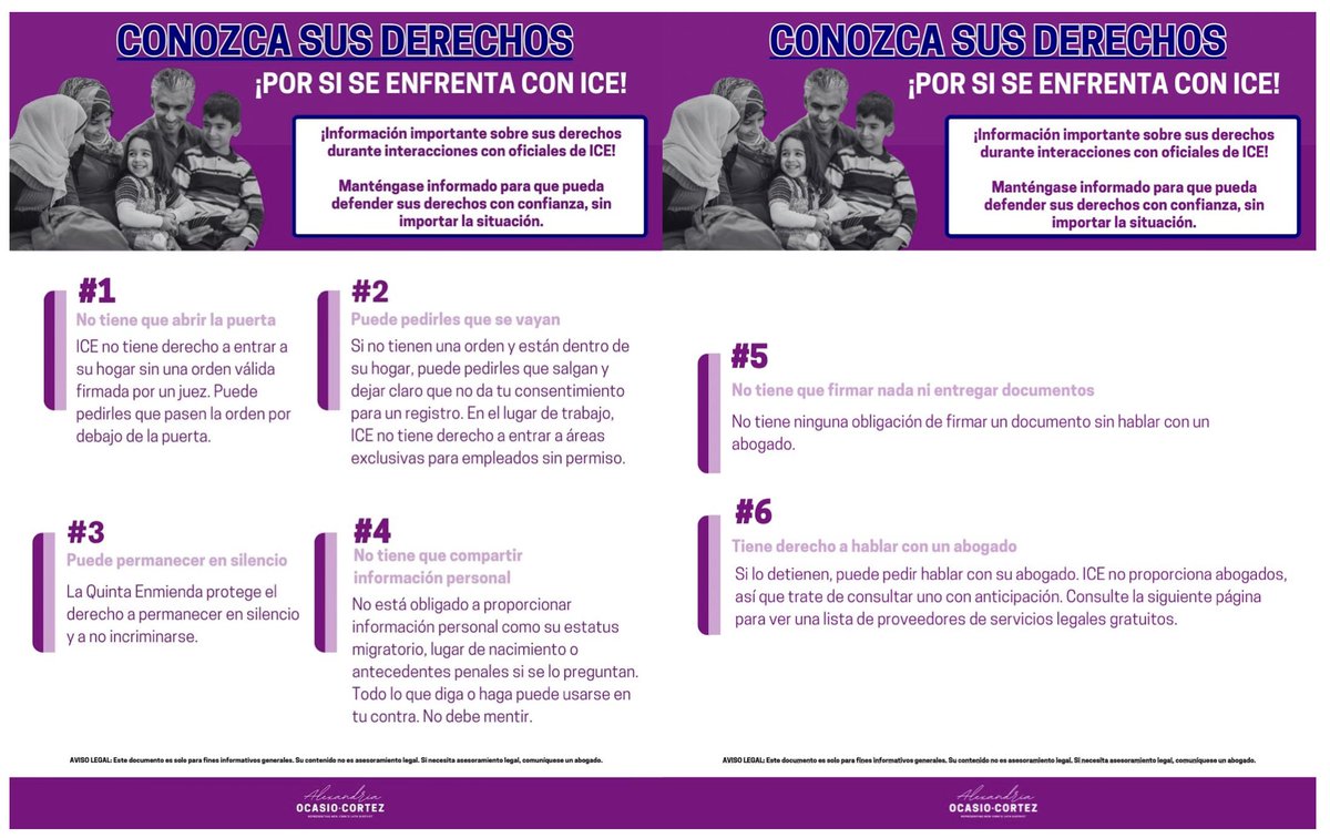 #ULTIMAHORA Compártanlo por favor! Es muy importante para que los paisanos mexicanos y todos los migrantes ilegales conozcan sus derechos en los EEUU <a href="/RepAOC/">Rep. Alexandria Ocasio-Cortez</a>. La presidenta Claudia Sheinbaum en la #MananeraDelPueblo también esta dando mucha información para atenderlos😍🇲🇽
