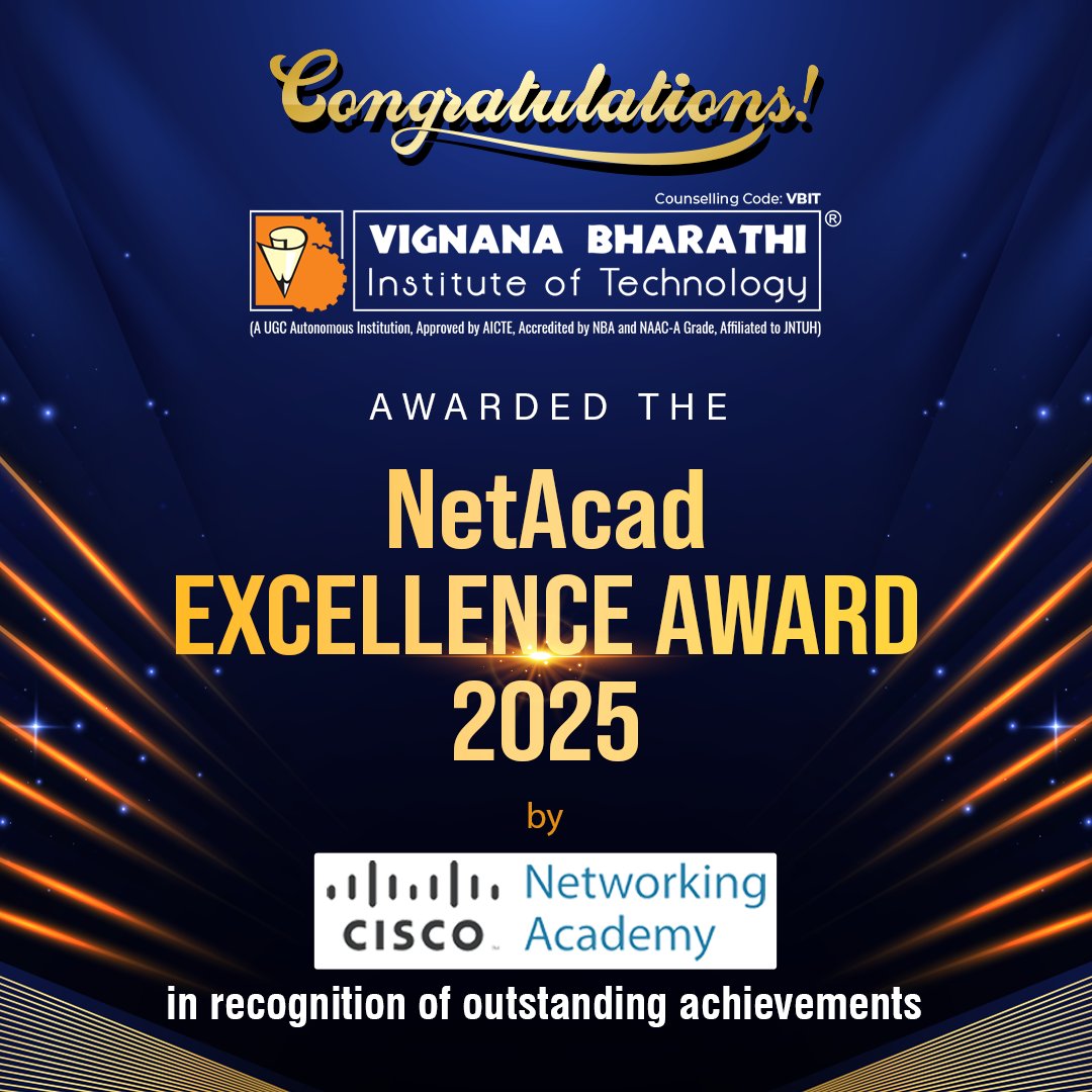 VBITHYD's tweet image. We are happy to announce that 𝙑𝙞𝙜𝙣𝙖𝙣𝙖 𝘽𝙝𝙖𝙧𝙖𝙩𝙝𝙞 𝙄𝙣𝙨𝙩𝙞𝙩𝙪𝙩𝙚 𝙤𝙛 𝙏𝙚𝙘𝙝𝙣𝙤𝙡𝙤𝙜𝙮 (VBIT) has been honored with the prestigious #NetAcadExcellenceAward2025 by #CiscoNetworkingAcademy!🏆

#VBIT #Congratulations🤝💐🎉#Award #VBITPride #ExcellenceInEducation
