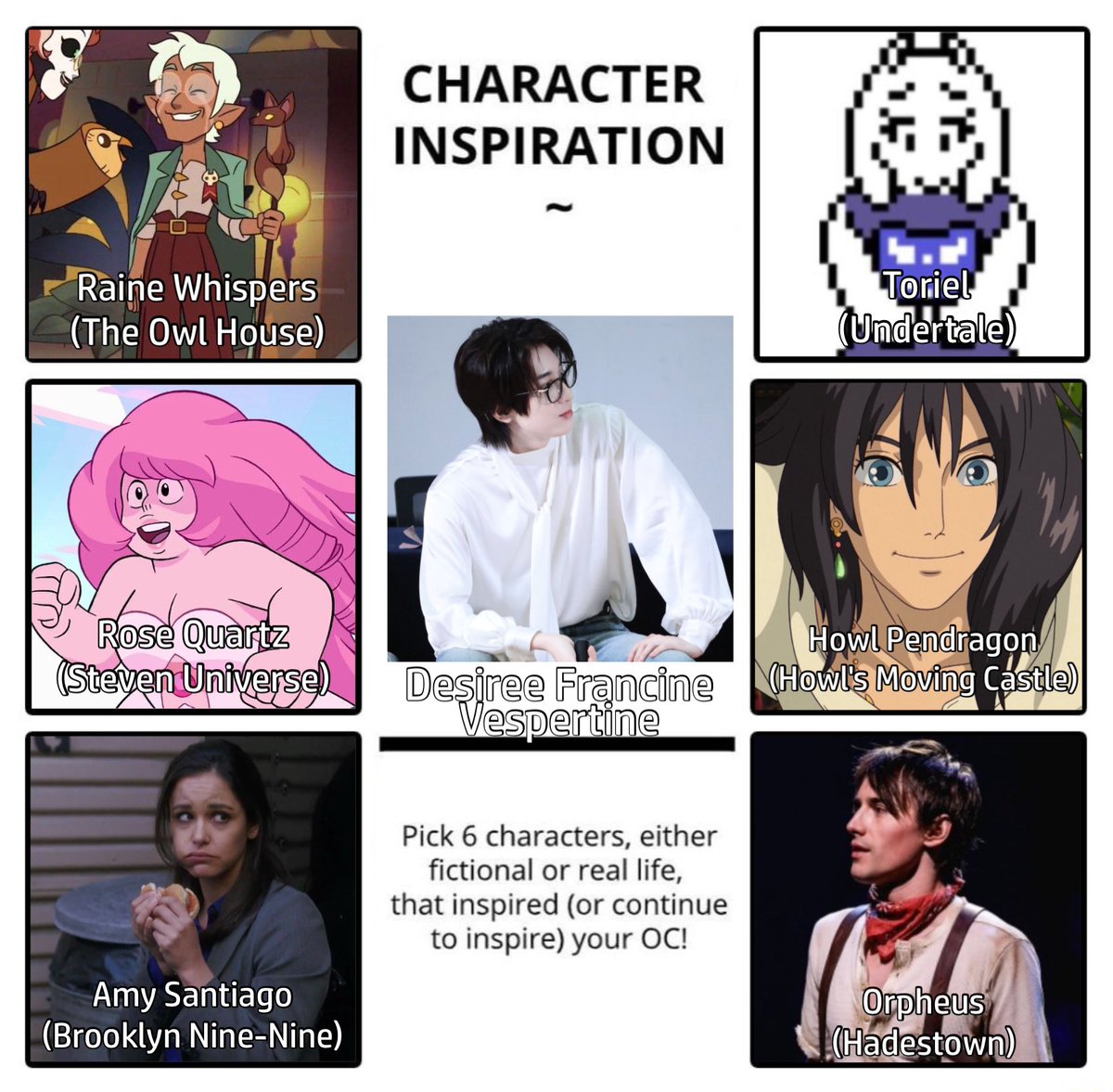 EAHEADMASTER's tweet photo. ⠀
Good afternoon, Magicbornes! I have this activity for those of you who wish to dive deeper into their characters. 

Use this template to pick out 6 characters that serve as an inspiration to yours! QRT with the finished product and claim 1,000 points!                    
⠀
⠀ https://t.co/ikxSbfkrsB