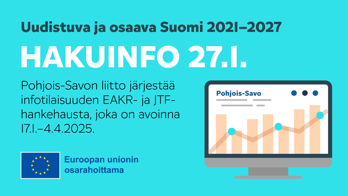 Haku on käynnissä 17.1.–4.4.2025. Haettavana on EAKR-tukea 9,8 M€ ja JTF-tukea 5,0 M€. Liity mukaan Teams-hakuinfoon maanantaina 27.1. kello 9.00-10.30. 🇪🇺pohjois-savo.fi/viestinta/uuti…