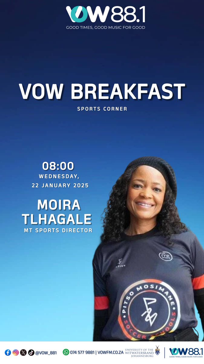 MTSports (@mtsports10) on Twitter photo Our MD <a href="/moiramtsports/">moira</a> is joining <a href="/vow_881/">Voice of Wits 88.1 📻</a> this morning talking all things about her career, her strategic work with <a href="/TheRealPitso/">Pitso Mosimane</a> and his technical team, and obviously diving into <a href="/pmyouthfootball/">Pitso Mosimane Youth Football</a> and Coach Pitso’s legacy!🤩
Tune in now on 88.1FM 📻
#RadioInterview Our MD <a href="/moiramtsports/">moira</a> is joining <a href="/vow_881/">Voice of Wits 88.1 📻</a> this morning talking all things about her career, her strategic work with <a href="/TheRealPitso/">Pitso Mosimane</a> and his technical team, and obviously diving into <a href="/pmyouthfootball/">Pitso Mosimane Youth Football</a> and Coach Pitso’s legacy!🤩
Tune in now on 88.1FM 📻
#RadioInterview