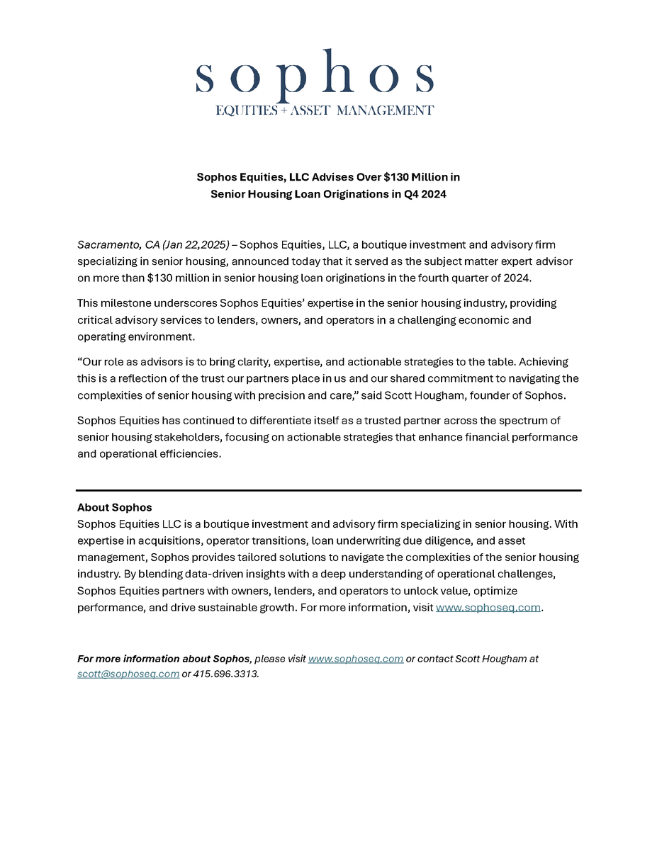 SophosEquities's tweet photo. Sophos Equities advised on over $130M in senior housing loan originations in Q4 2024! Proud to bring clarity and expertise to a dynamic industry in a turbulent time. https://t.co/JF3jXE9My9
