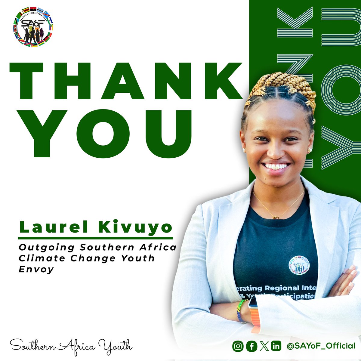👏Thank you <a href="/KivuyoLaurel/">Laurel Kivuyo</a> for being a beacon of hope in the fight for a sustainable future. Thank you for your inspiring leadership and dedication to youth and climate action🎉
#SouthernAfricaYouth #Youth4Climate