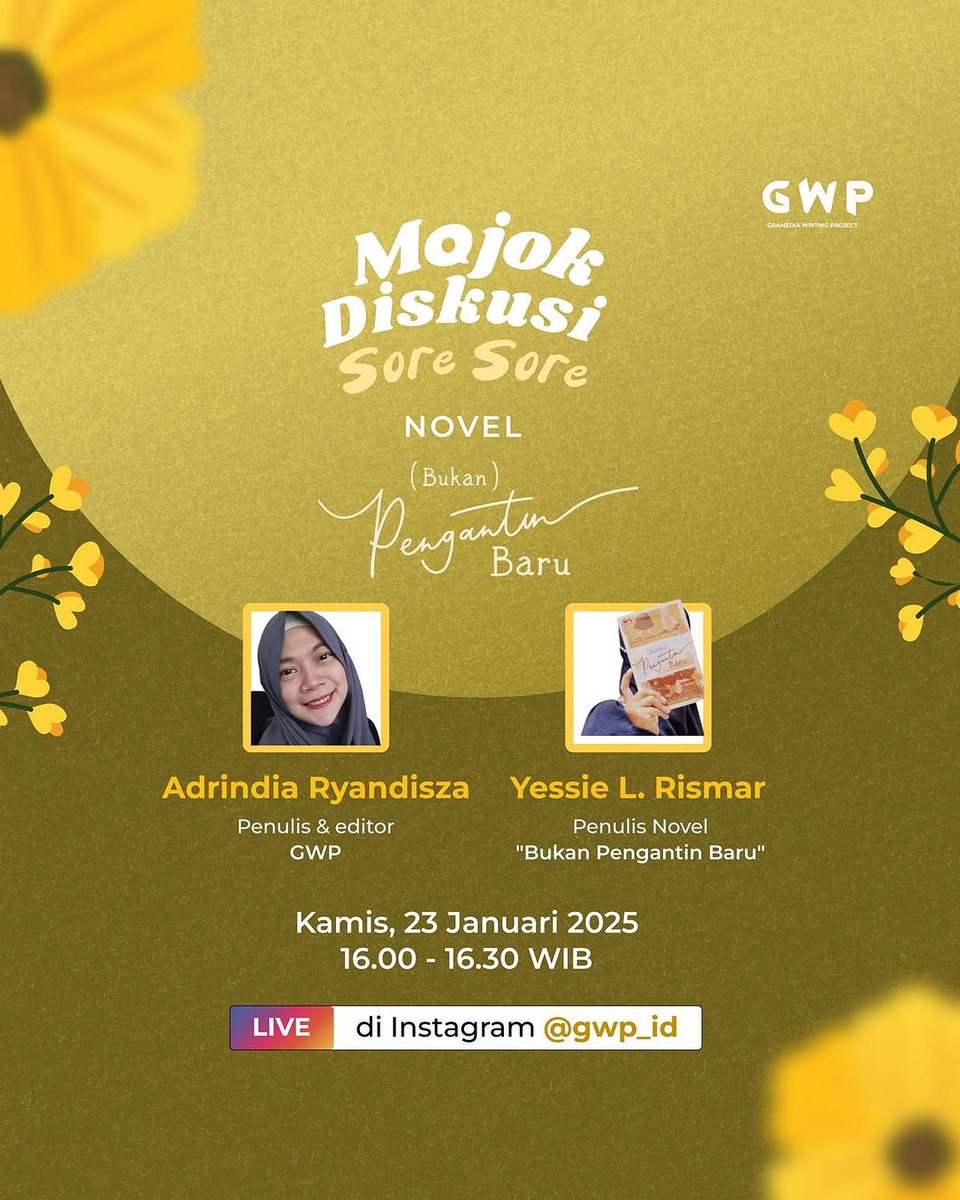 GWP (@gwp_id) on Twitter photo Jangan lewatkan Mojok Diskusi bersama <a href="/yessielrismar/">Yessie L. Rismar</a> penulis (Bukan) Pengantin Baru terbitan <a href="/elexmedia/">Elex Media Komputindo</a>
Catat jadwalnya, ya.
π: 16.00 - 16.30 WIB
π: LIVE IG <a href="/GWP_ID/">GWP</a>
π: Kamis, 23 Januari 2025 Jangan lewatkan Mojok Diskusi bersama <a href="/yessielrismar/">Yessie L. Rismar</a> penulis (Bukan) Pengantin Baru terbitan <a href="/elexmedia/">Elex Media Komputindo</a>
Catat jadwalnya, ya.
π: 16.00 - 16.30 WIB
π: LIVE IG <a href="/GWP_ID/">GWP</a>
π: Kamis, 23 Januari 2025