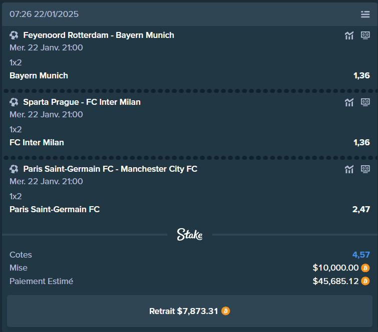 Bon allez, je suis sur une lancée là, tout mes paris sportifs passent.

Ce soir, c'est peut être le dernier soir..

Vous savez ce que vous avez à faire, RT et follow pour un billet si ça passe..
