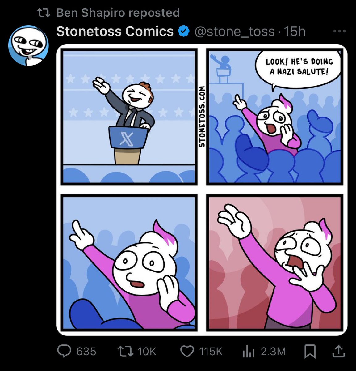 So, <a href="/benshapiro/">Ben Shapiro</a> decided to share a comic by famous neo-Nazi Stonetoss to… prove that Elon did not throw a Roman salute?
