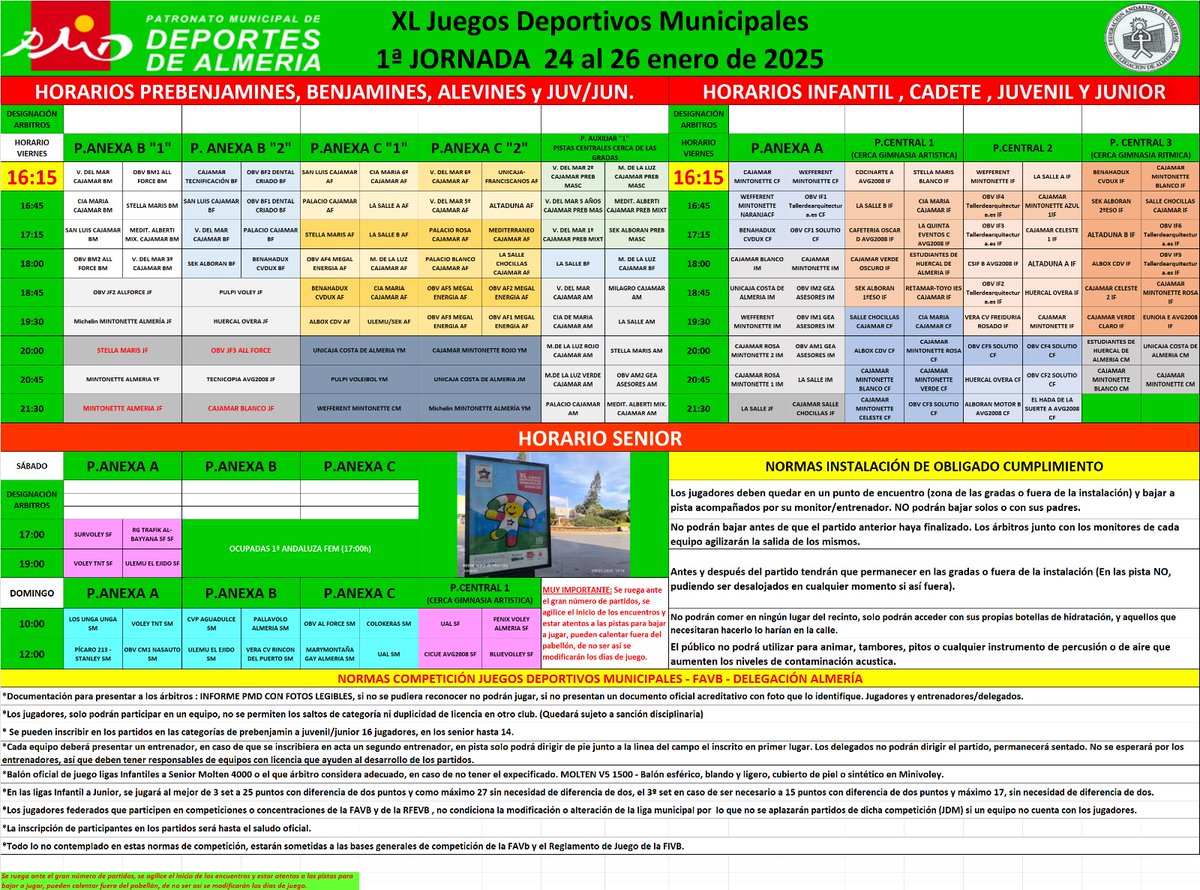 ¡Comienzan los Juegos Deportivos Municipales de Voleibol en Almería!  
Disfruta del Voleibol todos los fines de semana de enero a junio, en el Palacio de los Juegos del Mediterráneo, con 178 equipos inscritos. 
 1ª Jor. JDM 24 al 26 enero´25
<a href="/PMDAlmeria/">PMD Almería</a>
<a href="/aytoalm/">Ayuntamiento de Almería</a>
<a href="/antcasimiroual/">Antonio Casimiro</a>