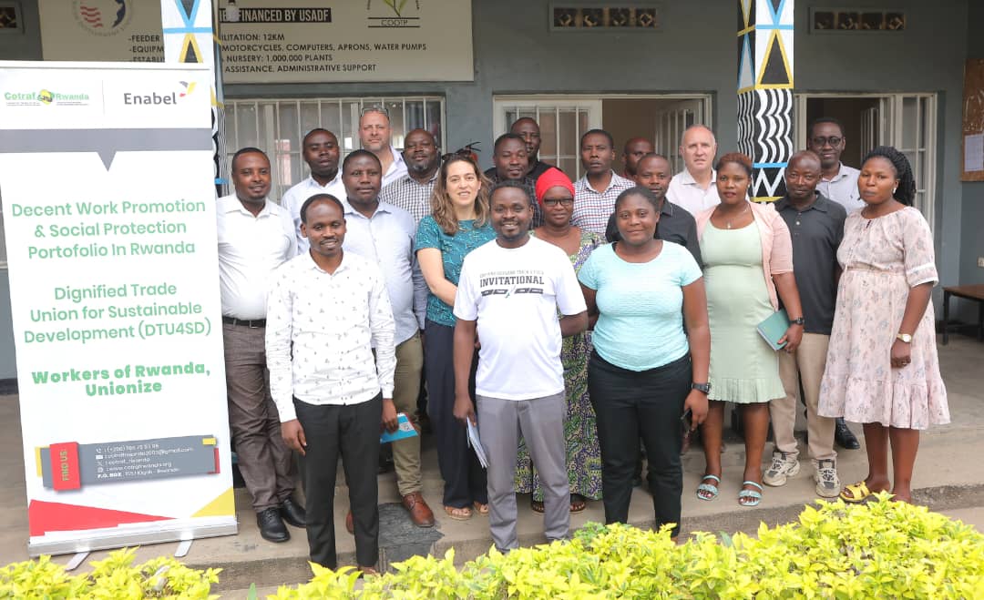 gakumba21's tweet photo. A high-level delegation from @Enabel_Belgium and @EnabelinRwanda recently visited @cotraf_rwanda  to assess the implementation of the project they fund. During their visit, they also toured #PTFW-sacco and #COOTP/Pfunda.

The delegation expressed their strong appreciation for the CBA signed in these companies under the SNEAR trade union, highlighting it as one of  key achievements of the project.

#Cotraf-Rwanda extends its sincere gratitude to #Enabel and @RwandaLabour for their continued support in improving working conditions and promoting social dialogue and decent work in the Rwandan workforce