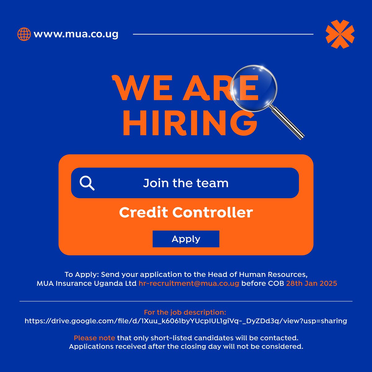 MuaUganda's tweet photo. We are looking for a Credit Controller guru to join our amazing team. 
If you are the one, find the job description here; https://t.co/98JA8C4aiM

Send your application to hr-recruitment@mua.co.ug before close of business on 28.01.2025

#Hiring #jobsearch #GetThereProtected https://t.co/eHQU0B37dX