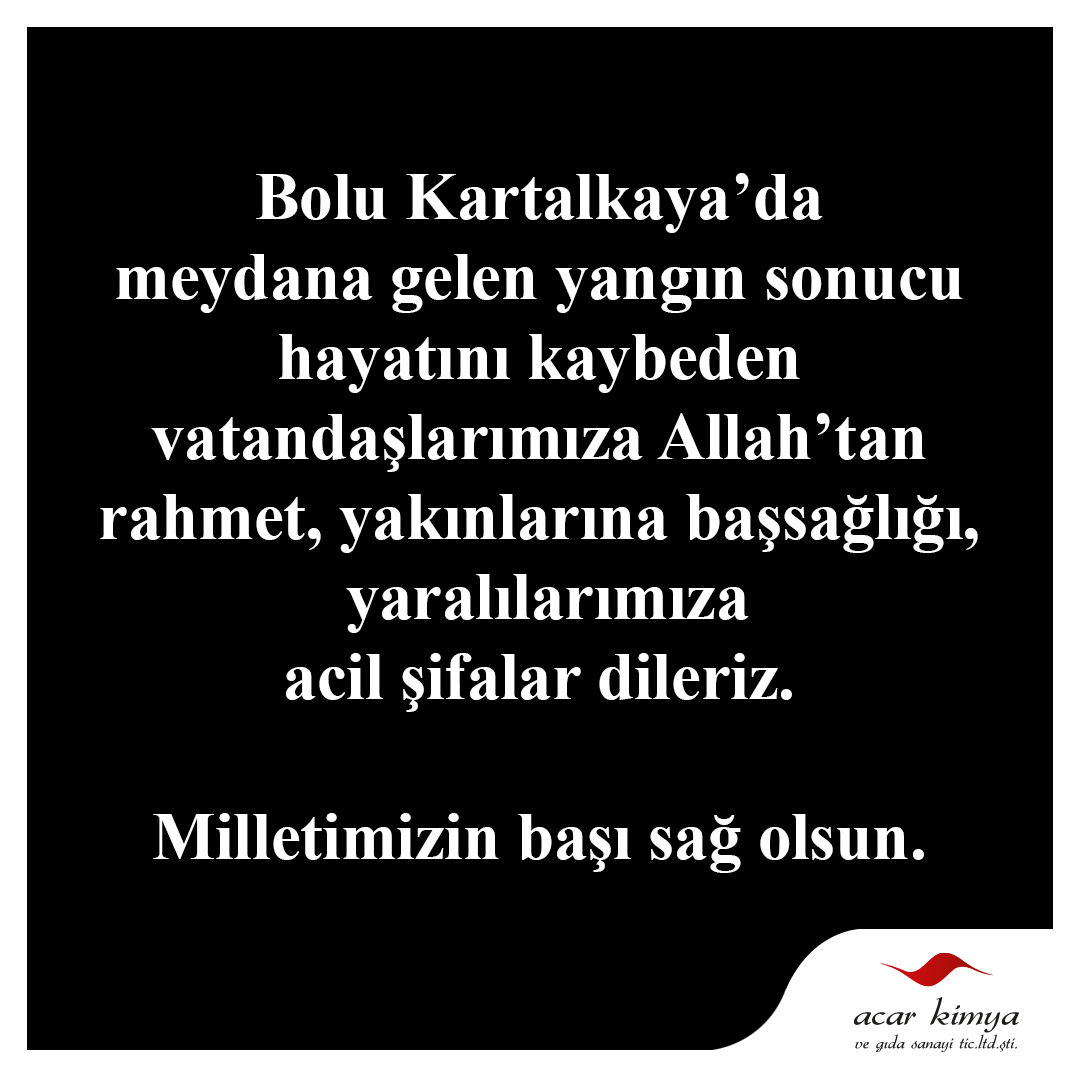 acarkimya's tweet photo. "Kalbimiz, Bolu Kartalkaya’daki yangın nedeniyle hayatını kaybedenler ve aileleriyle. Milletimizin başı sağ olsun."
#BoluKartalkaya #BaşımızSağolsun https://t.co/wpVH30FvU3