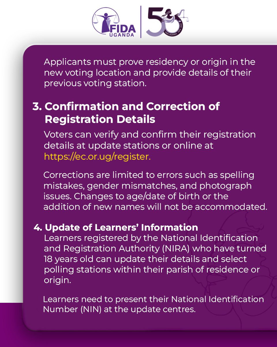 FIDA_Uganda's tweet photo. 🌟Women, Your Voice Matters!🌟

The General Update of the National Voters’ Register has begun! As we approach the 2025-2026 General Elections, this is your chance to ensure your voice is heard.

Why register?
🔸 To ensure your right to vote
🔸 To advocate for issues that matter to women
🔸 To shape the future for yourself and your loved ones

Let’s stand together and show the power of women in shaping our nation! Share this message and encourage others to register today.