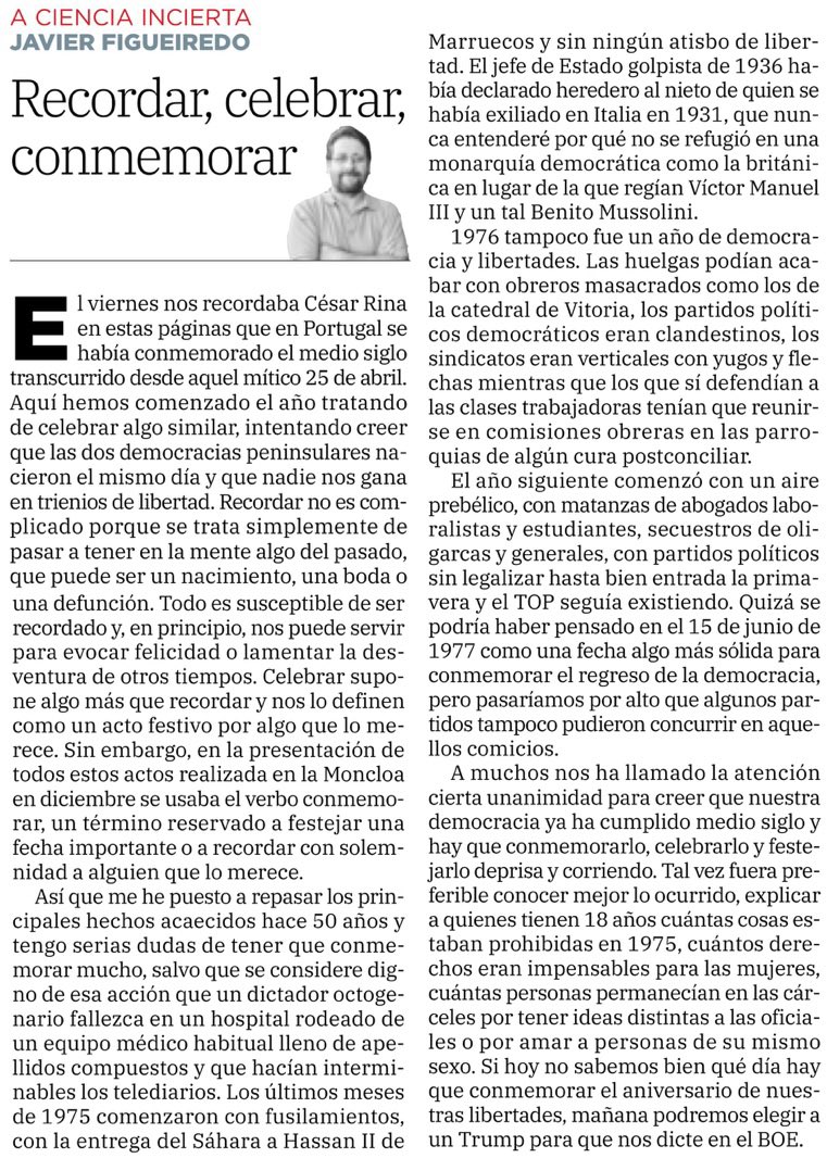 Javier Figueiredo C. 🔻🌻💜🍉 (@javierfc) on Twitter photo Último tuit. Me voy aquí 👇🏼bsky.app/profile/javier…
Mi columna en <a href="/hoyextremadura/">Diario HOY</a> 👇🏼hoy.es/opinion/javier…
¿celebrar ya 50 años de libertades? Recordar esos años es imprescindible, pero ¿celebrar y conmemorar?
También en mi blog de siempre👇🏼 javierfigueiredo.blogspot.com/2025/01/record…
#ByeMusk Último tuit. Me voy aquí 👇🏼bsky.app/profile/javier…
Mi columna en <a href="/hoyextremadura/">Diario HOY</a> 👇🏼hoy.es/opinion/javier…
¿celebrar ya 50 años de libertades? Recordar esos años es imprescindible, pero ¿celebrar y conmemorar?
También en mi blog de siempre👇🏼 javierfigueiredo.blogspot.com/2025/01/record…
#ByeMusk