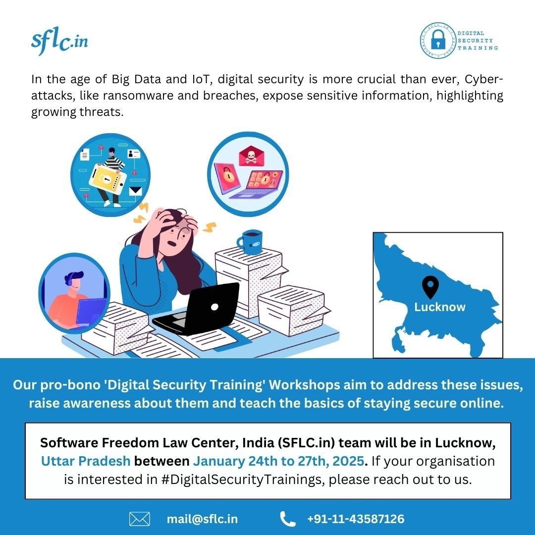 SFLCin's tweet image. #Lucknow #Digitalsecuritytraining

SFLC.in conducts pro-bono Digital Security Training to help safeguard your #digitalspace and online freedom.

Our team will be in Lucknow, Uttar Pradesh, between January 24th to 27th, 2025. Reach out to us, and let&apos;s discuss how…