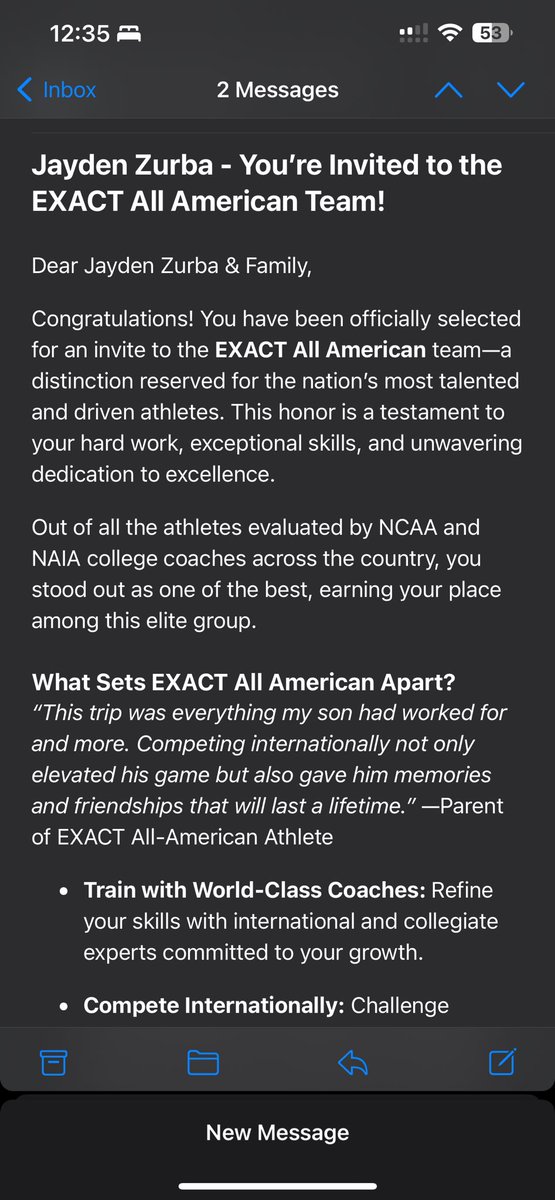 Jayden Zurba (@jaydenzurba47) on Twitter photo Thank you <a href="/EXACTSports/">EXACT Sports</a> for nominating me to the EXACT All American international team and giving me the opportunity to complete internationally in England this summer. It is a great honor and privilege.
<a href="/CoachQCPProud/">Coach Q</a> <a href="/AllenMarrow/">Allen Marrow</a> Thank you <a href="/EXACTSports/">EXACT Sports</a> for nominating me to the EXACT All American international team and giving me the opportunity to complete internationally in England this summer. It is a great honor and privilege.
<a href="/CoachQCPProud/">Coach Q</a> <a href="/AllenMarrow/">Allen Marrow</a>