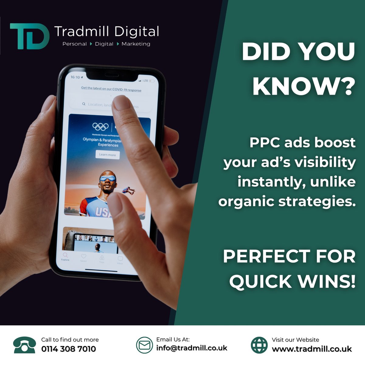 tradmilldigital's tweet photo. 📈 Did You Know?

PPC ads can boost your ad's visibility instantly, unlike organic strategies. Whether you're looking to generate traffic quickly or launch a targeted campaign, PPC offers quick wins for your business! 🚀

#Sheffield #DigitalMarketing https://t.co/cHTe2JSzho