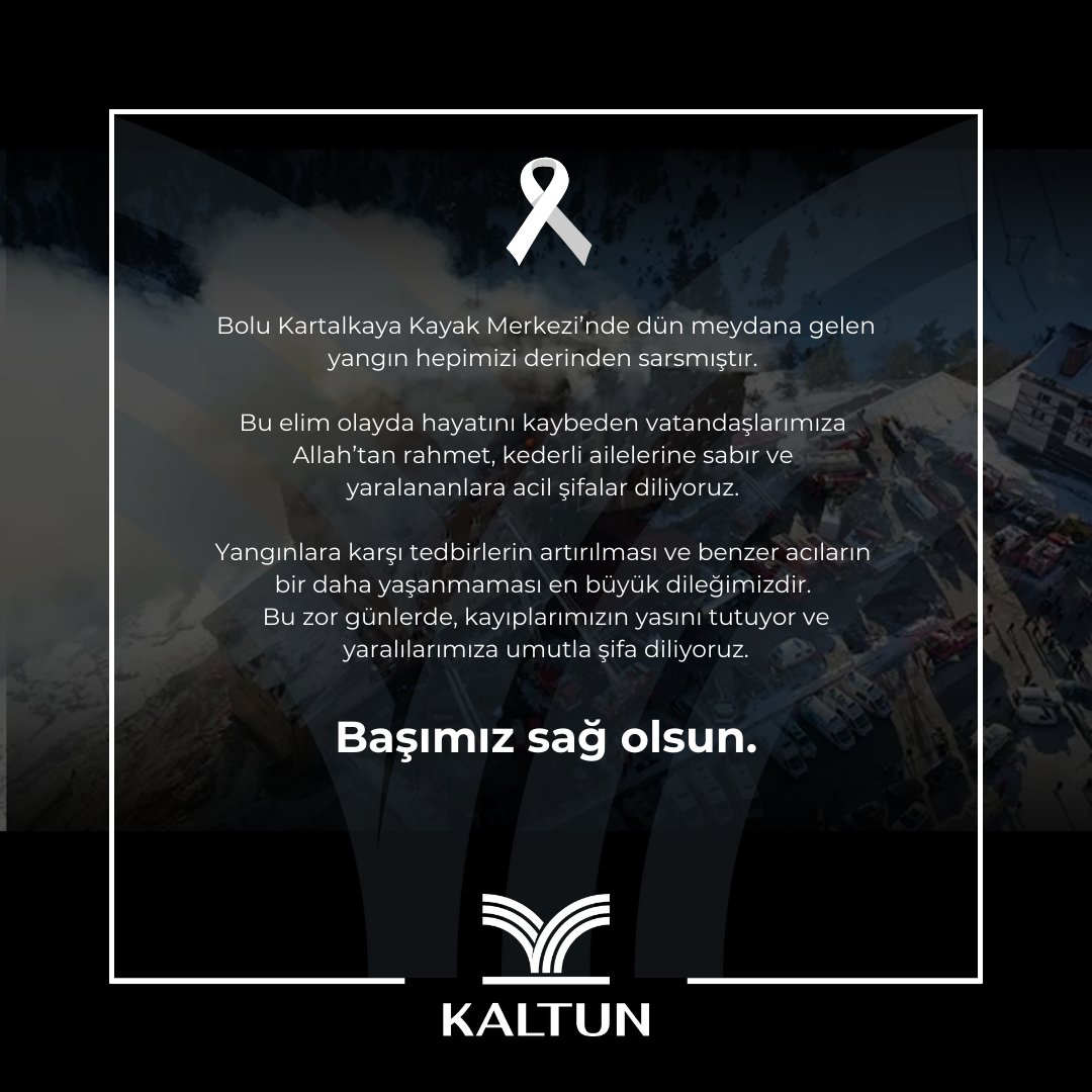 Bolu Kartalkaya Kayak Merkezi’nde dün meydana gelen yangın hepimizi derinden sarsmıştır. Bu elim olayda hayatını kaybeden vatandaşlarımıza Allah’tan rahmet, kederli ailelerine sabır ve yaralananlara acil şifalar diliyoruz.