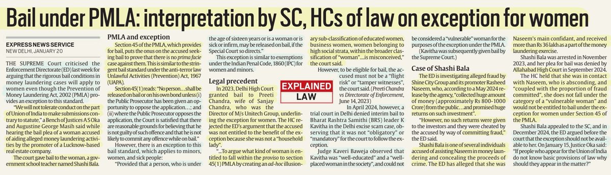 imRavikantYadav's tweet image. 'Bail under PMLA: interpretation by SC, HCs of law on exception for Women'
:Details
#PMLA #Bail
#Exception #women
#SupremeCourt
#HighCourt
#EnforcementDirectorate
#Legal #Precedent #Interpretation
#UAPA
#LAW
#UPSC
Source: IE
