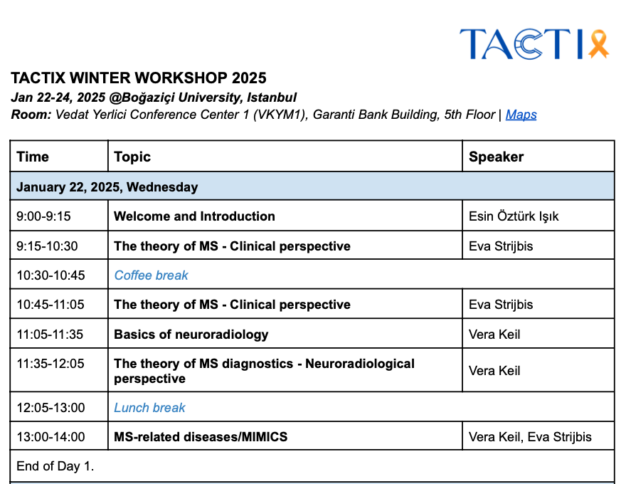 TACTIX_Twinning's tweet photo. The #TACTIX Winter Workshop 2025 is underway at Boğaziçi University! The event kicked off with an introduction by Esin Öztürk Işık and a seminar, The Theory of MS – A Clinical Perspective, by Eva Strijbis. Excited for the three inspiring days ahead! #MSResearch #ComputationalMRI https://t.co/vbo7X2rXq4