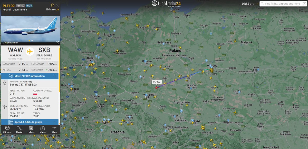 PolishMilRadar's tweet photo. ⌚️22.01 06:55
🇵🇱 Polish Government
✈️Boeing 737-8TV(BBJ2) 0111
#PLF102 on cruising FL360
🛫Warsaw Airport #EPWA
🛬Strasbourg #LFST
https://t.co/jXZBPxrIVv https://t.co/CfTFTfKbo4