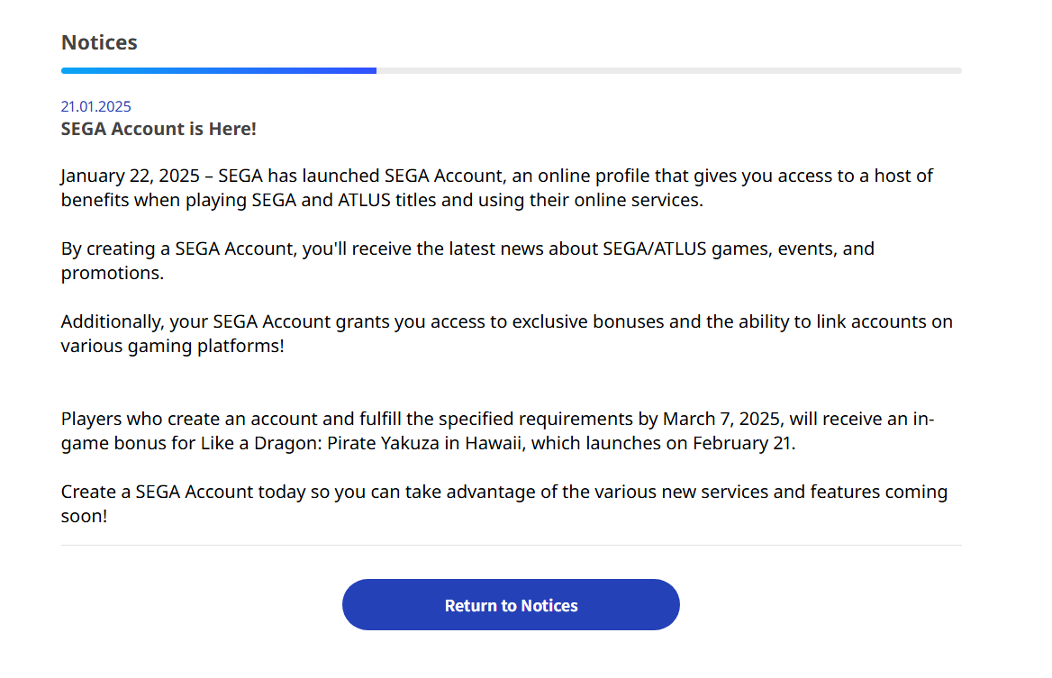 Wario64's tweet photo. SEGA Account launched - "an online profile that gives you access to a host of benefits when playing SEGA and ATLUS titles and using their online services."

Current promo: Kazuma Kiryu Special Outfit DLC for Like a Dragon: Pirate Yakuza in Hawaii

https://t.co/vCZrAlhSAt https://t.co/e2LPkCmy2Y