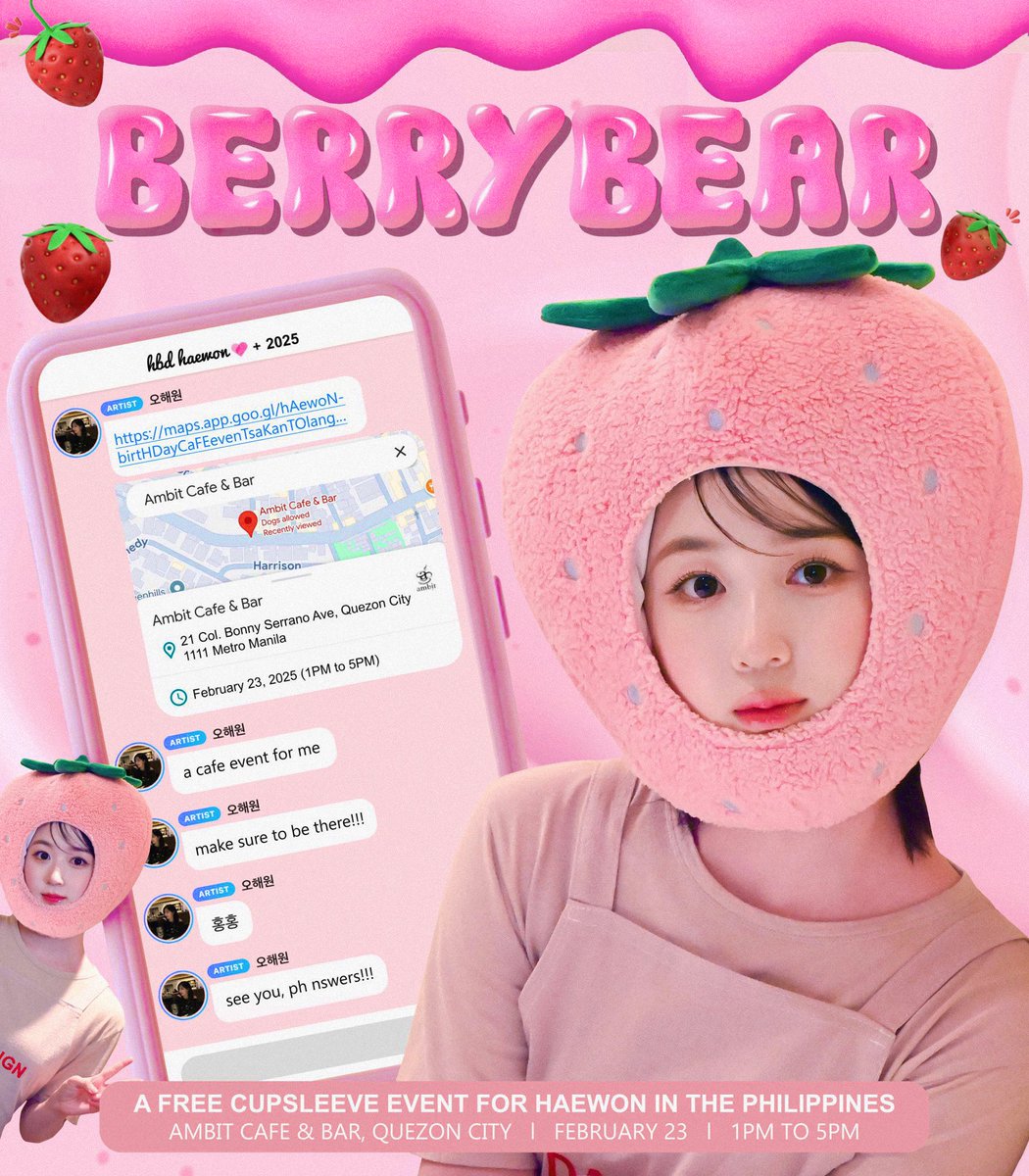 solacesrj's tweet photo. 🍓BERRYBEAR🐻‍❄️

Haewon Birthday Cupsleeve Event in the Philippines

Kit is free but limited. For details and to reserve your slot, please check and fill out the link
🔗: https://t.co/os6zKUDpXm
🌎 RT Event - 3 Winners of Kit (WW Open)

#BerryBearHaewon
#NMIXX #엔믹스
#HAEWON #해원 https://t.co/Wq3KIe5Xbk