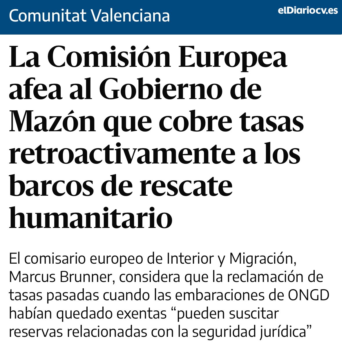 PP i VOX no poden perseguir a les ONG de rescat marítim

No ho diem nosaltres: hem aconseguit que els ho diga la Comissió Europea així de clar: 

"Salvar vides és una obligació legal, ningú pot posar impediment sense vulnerar la legislació internacional"

eldiario.es/comunitat-vale…