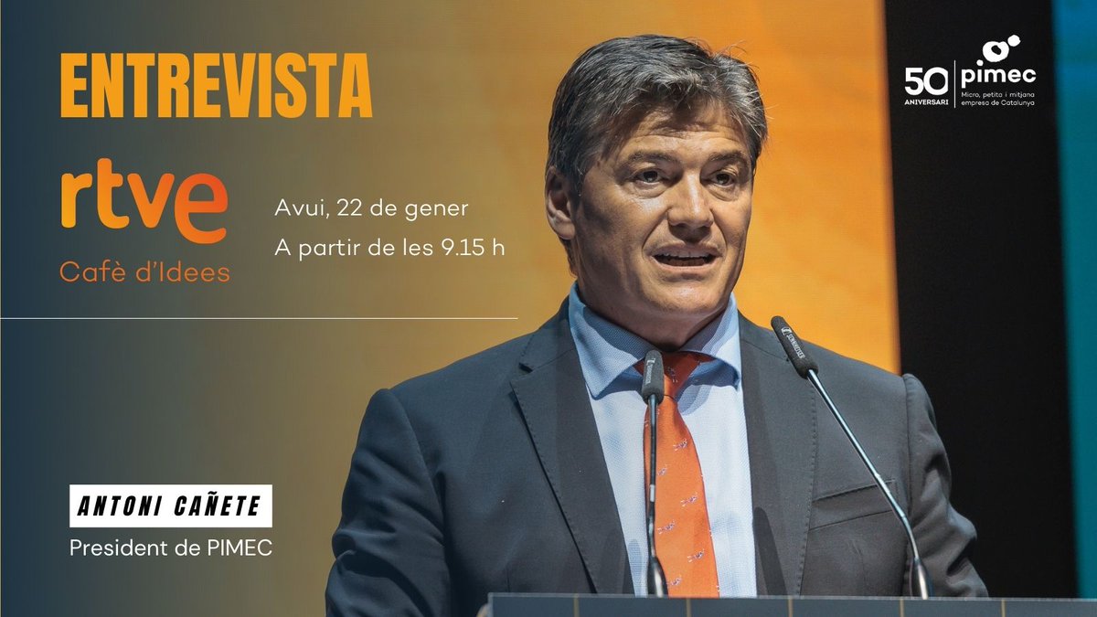 📺 El president <a href="/AntoniCanete/">Antoni Cañete</a> parla a <a href="/cafedidees_rtve/">Cafè d'idees</a> de la trobada històrica amb els presidents de la Generalitat amb motiu del tancament dels actes de commemoració dels #50anysPIMEC.

📅 Avui, 22 de gener
🕑 9.15 h

Segueix l'entrevista en directe: tinyurl.com/2p87udyf
