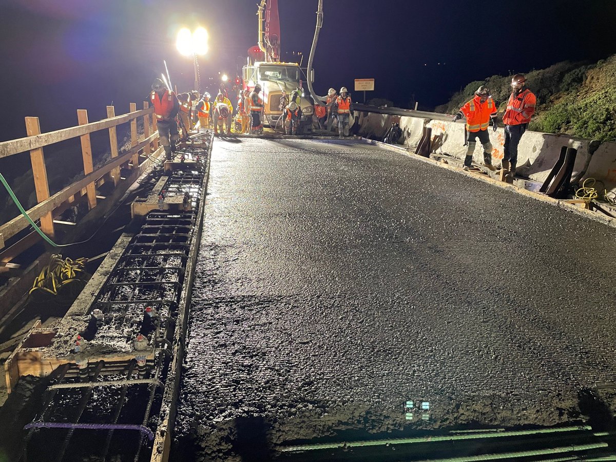 CaltransD5's tweet photo. UPDATE: In progress pics of crews pouring the concrete deck for the southbound lane of the Rocky Creek Viaduct on Highway 1 at Rocky Creek, 12 miles south of Carmel. Highway 1 scheduled to fully reopen after concrete pour on Wednesday, Jan. 22 at 6 a.m. https://t.co/MAbghYN93G