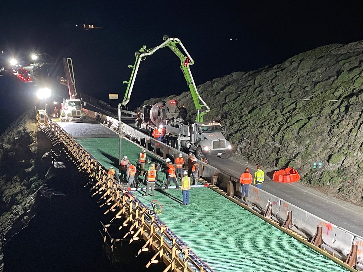 CaltransD5's tweet photo. UPDATE: In progress pics of crews pouring the concrete deck for the southbound lane of the Rocky Creek Viaduct on Highway 1 at Rocky Creek, 12 miles south of Carmel. Highway 1 scheduled to fully reopen after concrete pour on Wednesday, Jan. 22 at 6 a.m. https://t.co/MAbghYN93G