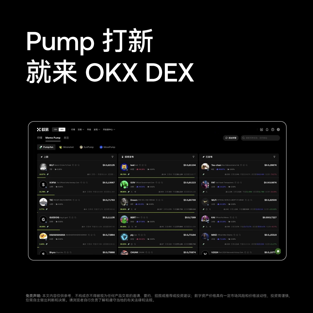 P小将，集合！ #OKX Meme 工厂升级至Meme Pump，并登陆网页端。 一站式快速发现并交易pump fun及其他热门内盘代币，就来#OKX  DEX.